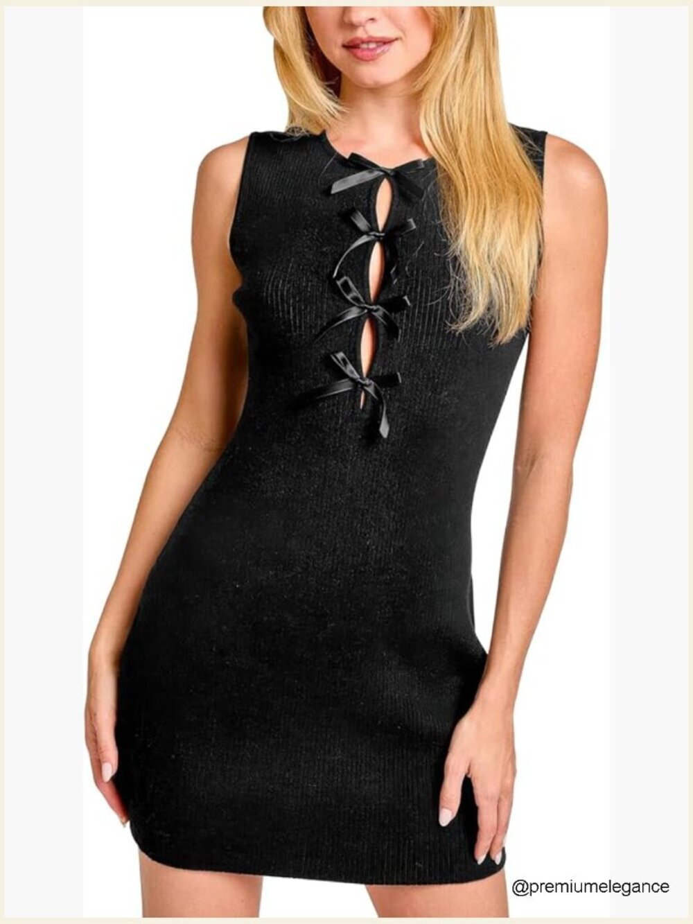 Crew Neck Bow Knot Sleeveless Ribbed Knit Bodycon Mini Dress - Picture 1 of 5